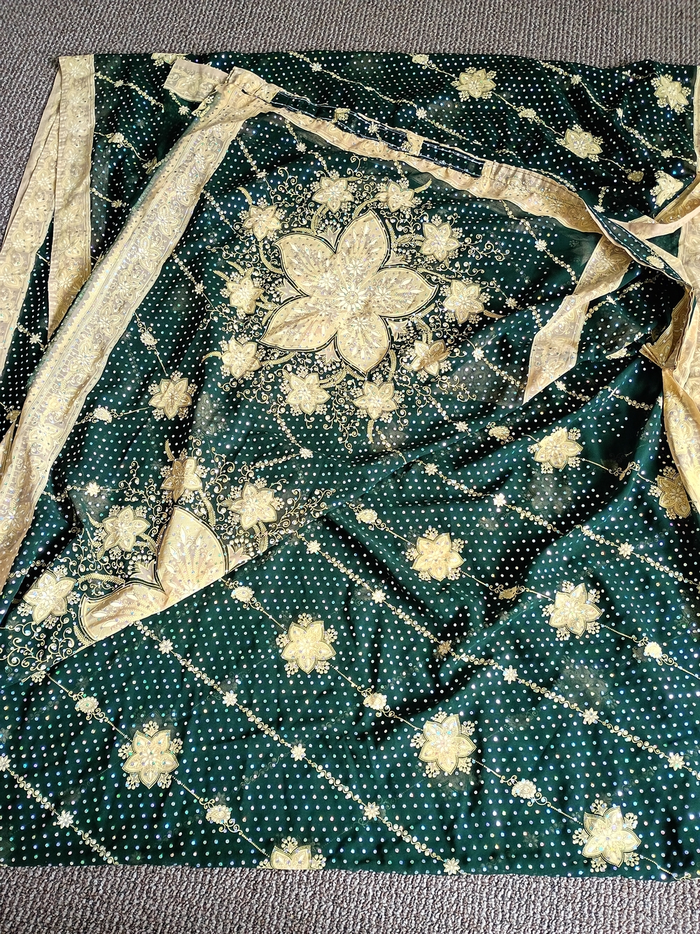 Hand Sewn Green & Gold Floral Saree/ Sari Fabric Sparkly
